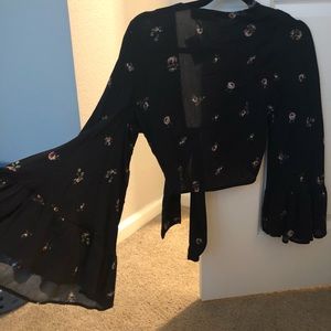 Black Printed Tie Front Crop Top